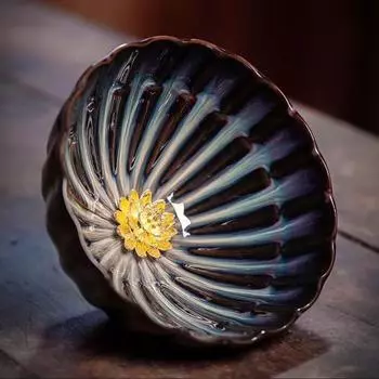 Чашка Тяньму, инкрустированная серебряным лотосом и золотым лотосом, мастер-чашка, керамический чайный сервиз, чайная чашка, чайная пиала, бытовая чайная чашка с сопутствующими подарками