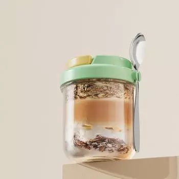 Чашка завтрака: 430 мл Герметичная банка для йогурта, овса и салата на ночь с ложкой, Портативная стеклянная банка для молочного чая