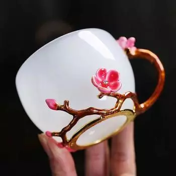 Чашки для кофе, чашка для чая «Цветок сливы», емкость 150 мл, розовое стекло, большая емкость, кофейная посуда для завтрака с защитой от капель