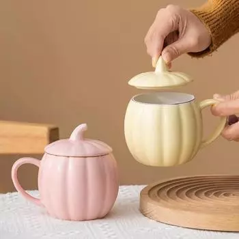 Чашки для кофе, чашка для воды в форме тыквы, керамическая кружка с крышкой, симпатичная чашка для послеобеденного чая, принадлежности для кофе и чая, домашний офис, кафе, посуда для напитков 400ml
