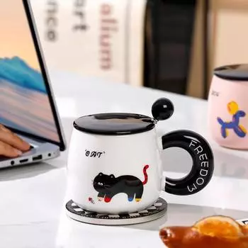 Чашки для кофе Cream Kitten, 380 мл, симпатичная кружка в виде мультяшного животного, котенка, щенка, маленькая пчелка, керамическая кружка с крышкой, ложка, стакан для воды, посуда для питья 380ML