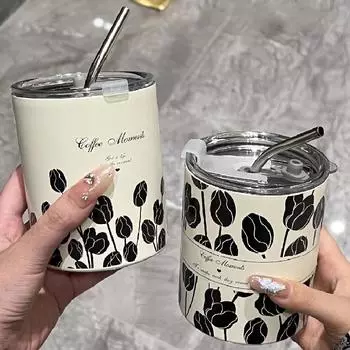 Чашки для кофе из нержавеющей стали, переносные чашки с сопутствующими кружками из высококачественных изысканных термокружек, соломенные чашки с высоким чувством 300ML