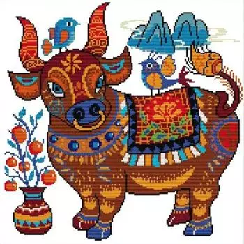 Частичная вышивка эко-хлопковой нитью 14CT с принтом коровы, вышивка крестом 40x40см