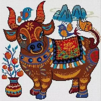 Частичная вышивка эко-хлопковой нитью 14CT с принтом коровы, вышивка крестом 40x40см