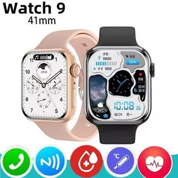 Часы 9 Мини Смарт-часы Женские часы с пульсом и температурой тела BT Вызов NFC AOD Фитнес Мужские умные часы серии 8 для Apple Android серебряный