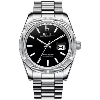 Часы Аналоговые Популярный Бренд Джентльмен Водонепроницаемые Кварцевые Деловые Часы Модные Простые Черные Серебристые Светящиеся Часы Подарок На День Рождения [BUREI] Мужские Мужские