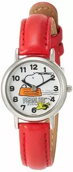 Часы аналоговые Snoopy водонепроницаемый кожаный ремешок секундная стрелка диск красный [Citizen Q&Q] P003-324 женские
