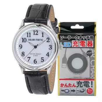 Часы аналоговые солнечные кожаный ремешок зарядное устройство комплект черный [Clefer] мужские SM-AM165-WTS