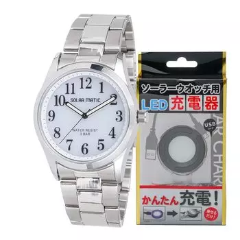 Часы аналоговые солнечные нержавеющая сталь ремешок зарядное устройство комплект серебристый [Clefer] мужские SM-AM167-WTS