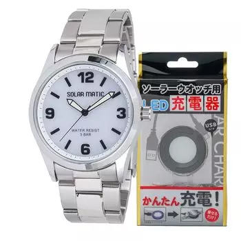 Часы аналоговые солнечные нержавеющая сталь ремешок зарядное устройство комплект серебристый [Clefer] мужские SM-AM168-WTS