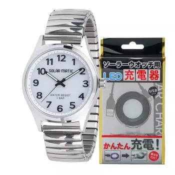 Часы аналоговые солнечные нержавеющая сталь ремешок зарядное устройство комплект серебряный комплект [Clefer] мужские SM-AM169-WTS