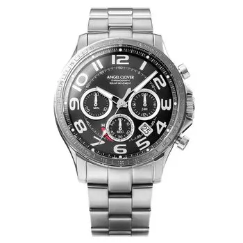 Часы Angel Clover TIME CRAFT SOLAR на солнечной батарее, водонепроницаемость 100 м, минеральное стекло, черный циферблат, нержавеющая сталь NTCS44SNNV, серебристый [AngelClover] Мужские