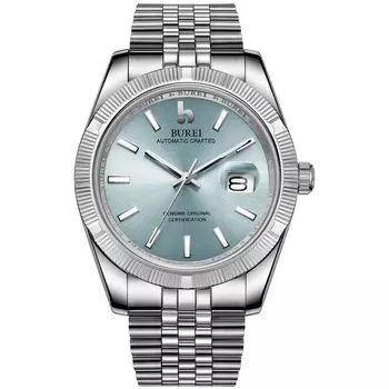 Часы Автоматические Водонепроницаемые Аналоговые Механические Светло-Голубые Часы Популярные Бизнес Дата Бренд Наручные Часы Простые Повседневные Светящиеся Часы [BUREI] Мужские