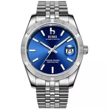 Часы автоматические водонепроницаемые аналоговые механические серебристо-синие часы популярные деловые часы с датой бренда наручные часы простые повседневные светящиеся часы [BUREI] мужские синий