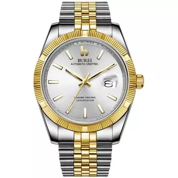Часы автоматические водонепроницаемые аналоговые механические серебряные золотые часы популярные деловые часы с датой бренда наручные часы простые повседневные светящиеся часы [BUREI] мужские