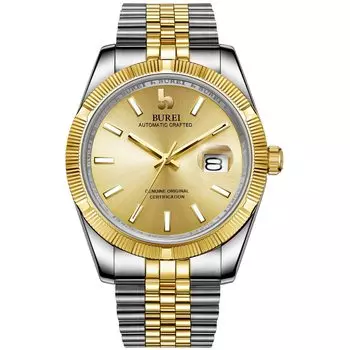 Часы автоматические водонепроницаемые аналоговые механические золотые серебряные часы популярные деловые часы с датой бренда наручные часы простые повседневные светящиеся часы [BUREI] мужские