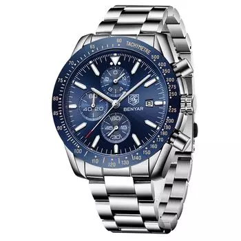 Часы BENYAR с хронографом и аналоговым кварцевым механизмом, стильные спортивные дизайнерские часы с водонепроницаемостью 30 м, элегантные кварцевые часы с дневным светом для мужчин и отцов серебряный