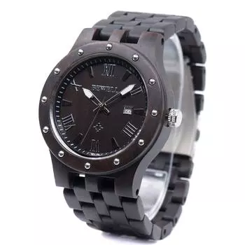 Часы Bewell деревянные мужские деревянные часы из натурального дерева мужские кварцевые аналоговые дисплей дата легкие водонепроницаемые светящиеся кварцевые часы (эбони)