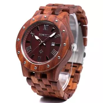 Часы Bewell Wooden Watch мужские деревянные наручные часы с календарем светящиеся кварцевые часы из натурального дерева аналоговые часы мужские легкие водонепроницаемые (Редвуд)