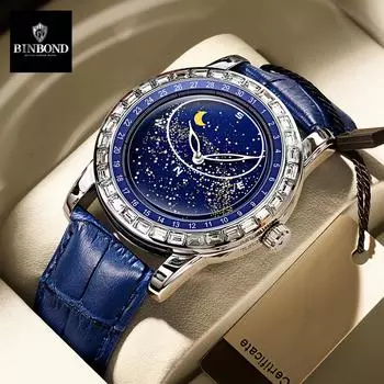 Часы BINBOND с подарочной коробкой, мужские часы высшего бренда класса люкс, повседневные кожаные мужские часы Moon, спортивные водонепроницаемые кварцевые часы