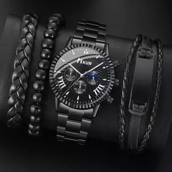 (Часы + Браслет) Мужские кварцевые изделия из нержавеющей стали с кожаной оплеткой серебряный