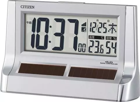 Часы-будильник RHYTHM Citizen с радиоприемником, цифровые, на солнечной батарее, дополнительный источник питания, ЖК-дисплей, серебристый, CITIZEN Paldigit Solar R128, прозрачный, 8RZ128-019 серебряный