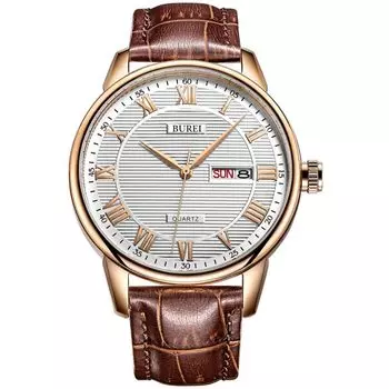Часы BUREI, кожаные, популярные, брендовые, аналоговые, с римскими цифрами, простые, водонепроницаемые, стильные, деловые, для поездок на работу, для мужчин, для мужчин (Розовое золото-белый)