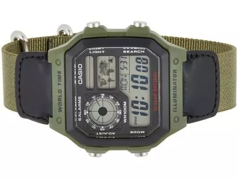 Часы CASIO цифровые мужские за рубежом модель AE-1200WHB-3B зеленый нейлоновый ремешок квадратный НОВЫЙ