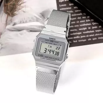 Часы Casio Vintage Collection в супертонком корпусе со светодиодной подсветкой и бесплатной пряжкой, 700-е серебро, сетка