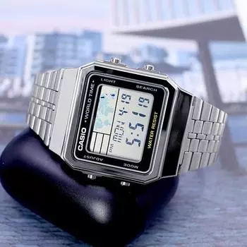 Часы Casio World Time LED Light Common Free Buckle World Map Display Watch 500 Silver Black