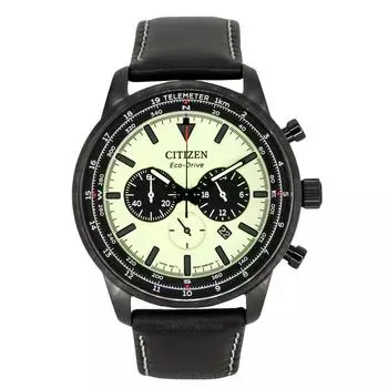 Часы Citizen Eco-Drive Chronograph с кожаным ремешком и полностью светящимся зеленым циферблатом CA4505-21X 100M для мужчин зелёный