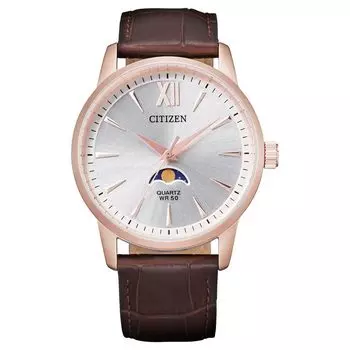 Часы CITIZEN кварцевые унисекс круглые 50M водонепроницаемые фазы Луны кожаный ремень аналоговый коричневый золотой [AK5003-05A]