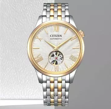 Часы CITIZEN Open Heart с серебристым циферблатом и золотистым оттенком из сапфирового стекла из нержавеющей стали NH9136-88A Free золотой