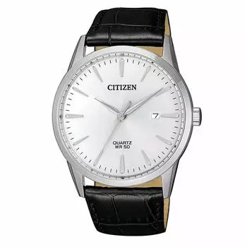 Часы Citizen Quartz с серебристым циферблатом и черной кожей, кварцевые мужские BI5000-10A, механизм.