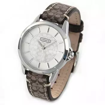 Часы Coach 14501525, круглые классические фирменные часы, коричневая серебристая фурнитура, холст/кожа, хаки/темный