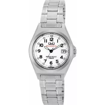 Часы Cue and Cue аналоговые солнечные водонепроницаемые дисплей даты металлический браслет белый циферблат H061-204 женские серебристые