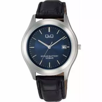 Часы Cue and Cue аналоговые водонепроницаемые с кожаным ремешком и циферблатом темно-синего цвета W478-302 мужские черные