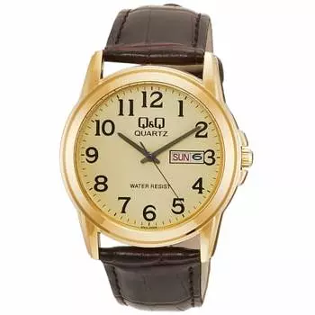 Часы Cue and Cue с аналоговым дисплеем даты и дня недели, водонепроницаемый кожаный ремешок A00A-002PK, мужские, коричневые