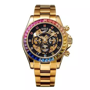 Часы DD8802DG Автоматические DANIEL DOUGLAS Золотые Черные Механические Автоматические Бриллиантовые Часы [Daniel & Douglas] и Мужские золотой