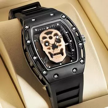 Часы для мужчин, элитные брендовые роскошные водонепроницаемые мужские наручные часы Tonneau с вырезом черепа и силиконовым ремешком золотой/чёрный