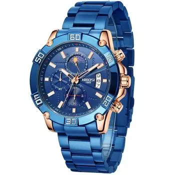 Часы для мужчин NIBOSI Big Face Blue Arm Watch Водонепроницаемый хронограф Бизнес Бренд Аналоговые Стильные повседневные часы из нержавеющей стали с металлическим ремешком Фаза Луны