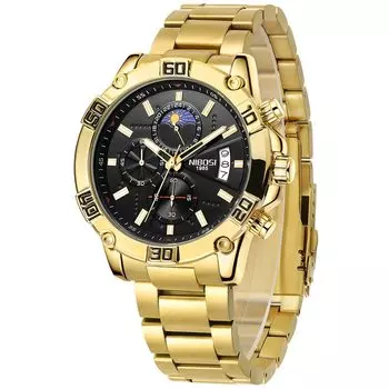 Часы для мужчин NIBOSI Big Face Gold Arm Watch Водонепроницаемый хронограф Бизнес Бренд Аналоговые Стильные повседневные часы из нержавеющей стали с металлическим ремешком Фаза Луны