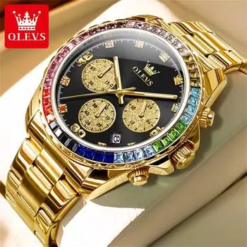 Часы для мужчин OLEVS Rainbow Gemstone Bezel Business Luxury Quartz Watches Водонепроницаемые светящиеся часы чёрный/розового золота
