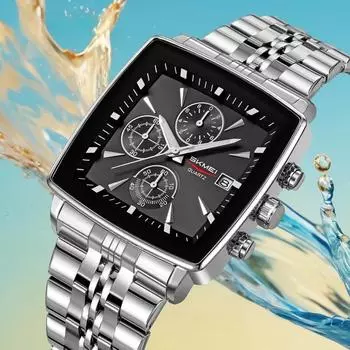 Часы для мужчин с деловым дизайном, водонепроницаемые, светящиеся, календарь, хронограф, квадратные, мужские, кварцевые, из нержавеющей стали, Reloj серебряный
