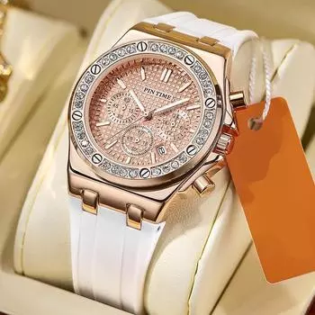 Часы для мужчин спортивные силиконовый ремешок модные кварцевые наручные часы водонепроницаемые повседневные часы с корпусом из сплава с бриллиантами и календарем ярко-розовый/белый