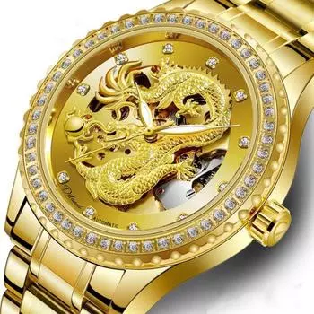 Часы для мужчин золотые автоматические часы мужские механические часы-скелетоны с драконом бизнес с наручными часами из нержавеющей стали и бриллиантами золотой