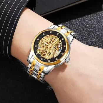 Часы Dragon Golden для мужчин, водонепроницаемые наручные часы для мужчин, из нержавеющей стали, автоматические механические часы для мужчин золотой