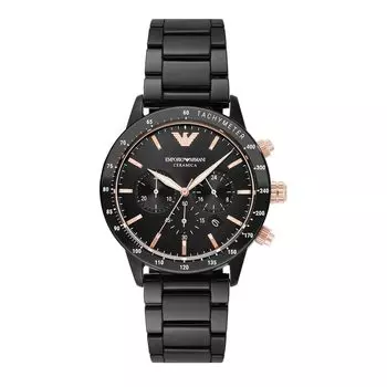 Часы Emporio Armani с кварцевым ремешком, корпусом 43 мм, черным керамическим ремешком, аналоговые мужские, AR70002, часы, хронограф.