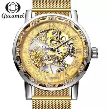 Часы GUCAMEL, мужские модные повседневные классические популярные механические часы с полыми стразами и ручным управлением