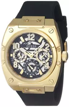 Часы GUESS 43 мм, черный ремешок, черный циферблат, золотой тон, мужские - корпус, черный,